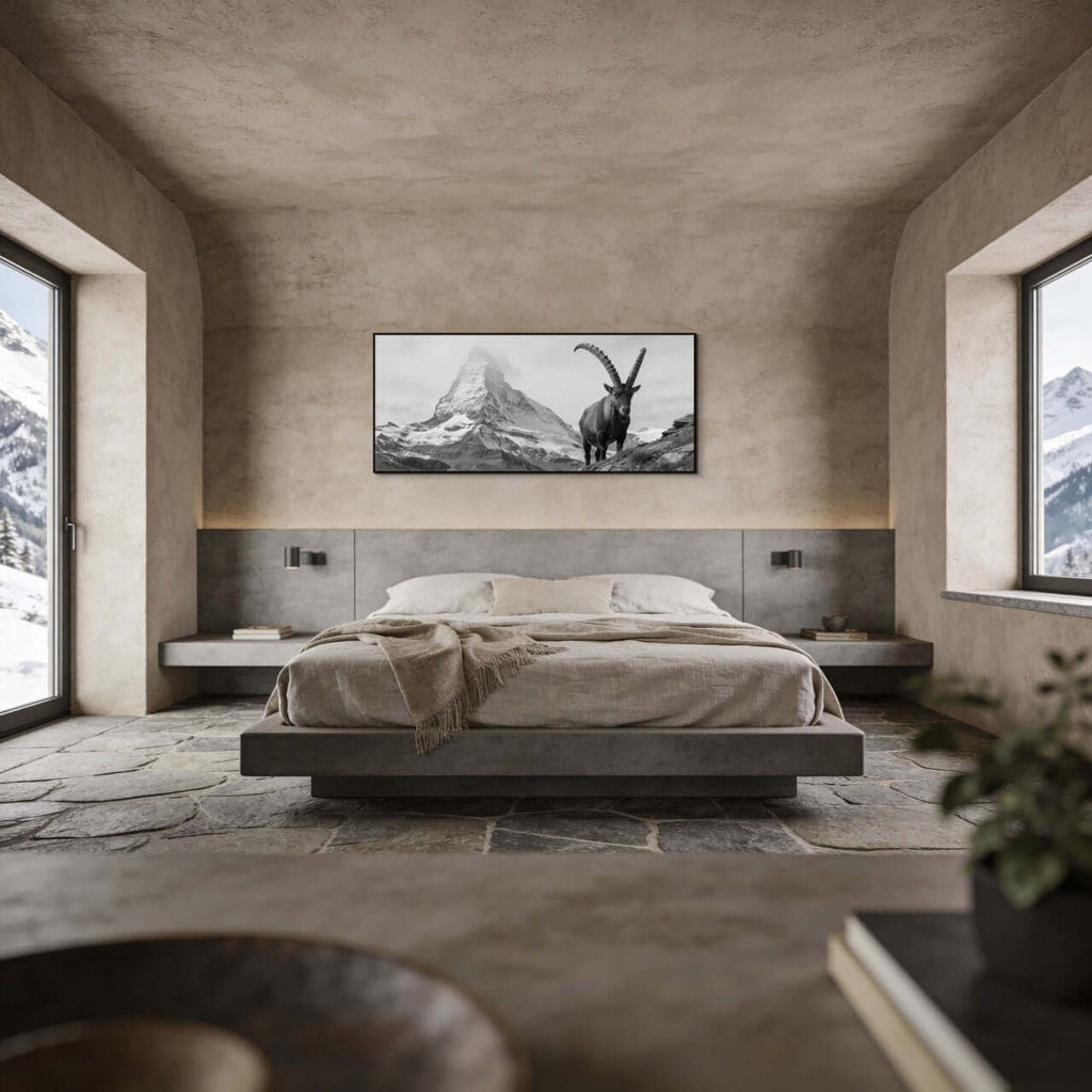 Ibex Foreground, Matterhorn – Alu-Dibond wall art in stylish bedroom, featuring an alpine ibex and the Matterhorn.