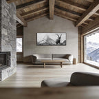 Ibex Foreground, Matterhorn – Alu-Dibond wall art displayed in a rustic mountain cabin interior.