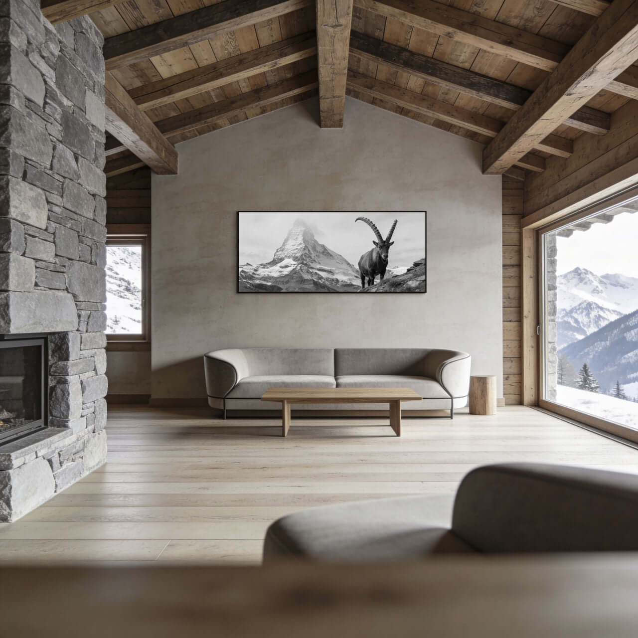 Ibex Foreground, Matterhorn – Alu-Dibond wall art displayed in a rustic mountain cabin interior.