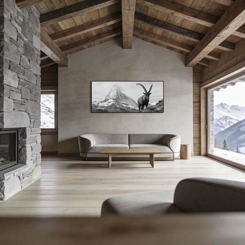 Ibex Foreground, Matterhorn – Alu-Dibond wall art displayed in a rustic mountain cabin interior.