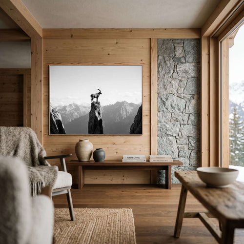 Ibex on the Edge of Silence, large alpine wall art XXL, solitary ibex on a rock pillar in a serene mountain landscape.