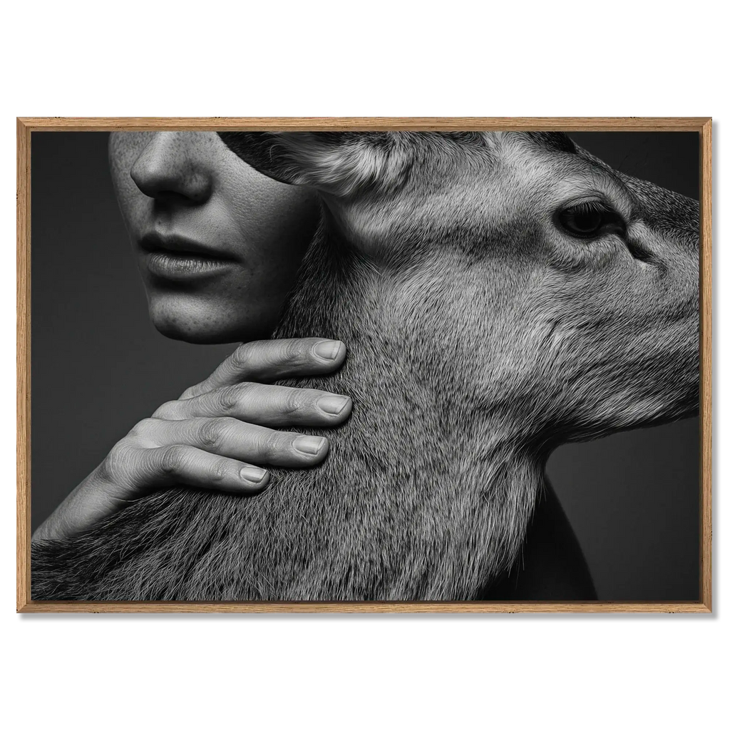 Intimacy with an Alpine Deer – Alu-Dibond wall art showcasing a human and deer in a moment of trust and calm.