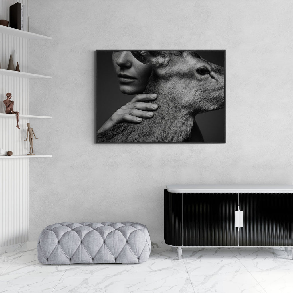 Intimacy with an Alpine Deer – Alu-Dibond wall art displayed in a modern interior setting.