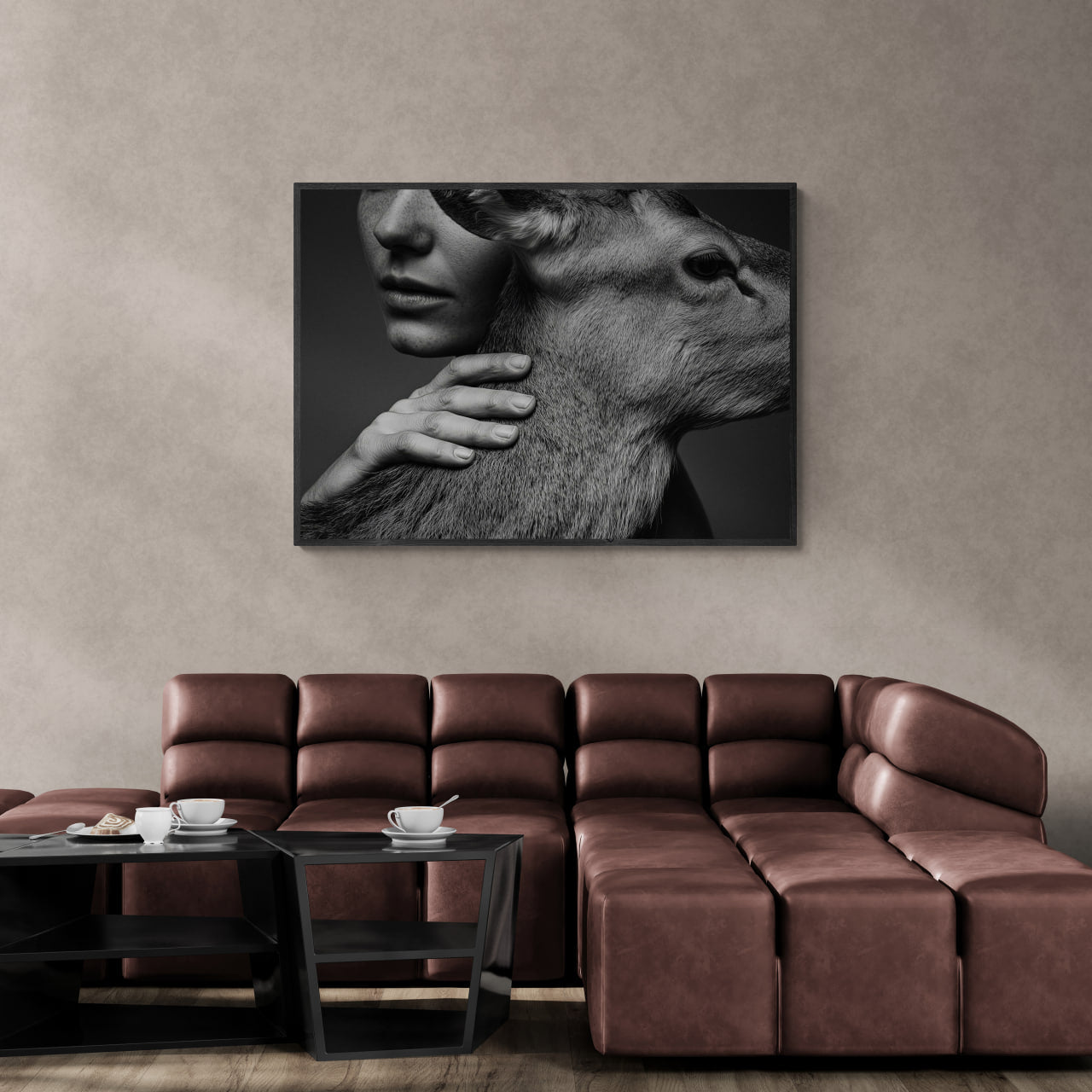 Intimacy with an Alpine Deer – Alu-Dibond wall art displayed above a brown leather sofa in a modern living room.