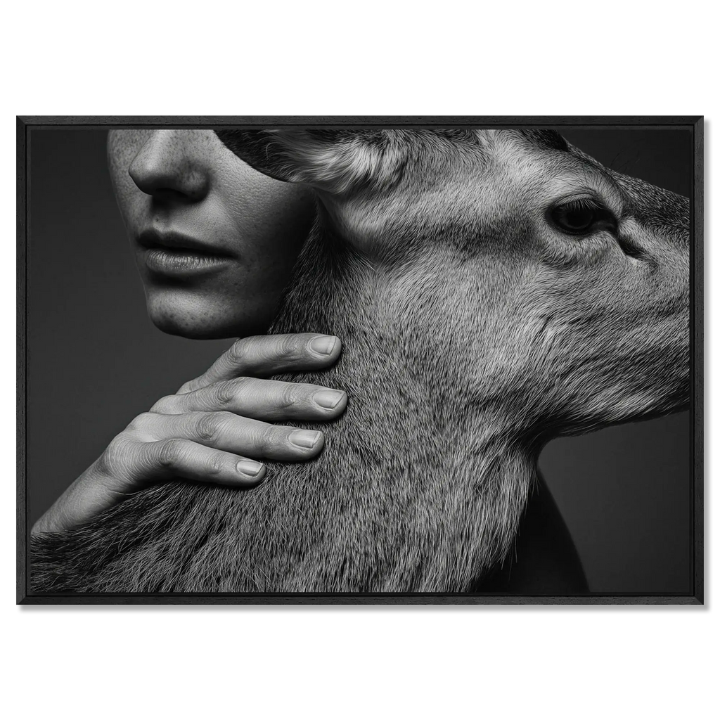 Intimacy with an Alpine Deer – Alu-Dibond wall art featuring a human and deer in a moment of trust.