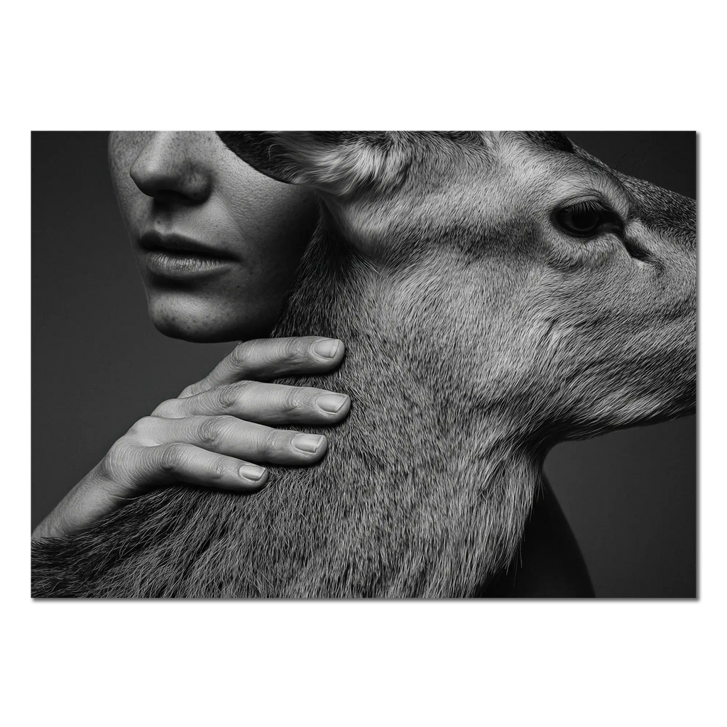 Intimacy with an Alpine Deer – Alu-Dibond wall art: a close moment between human and deer, showcasing trust and calm.