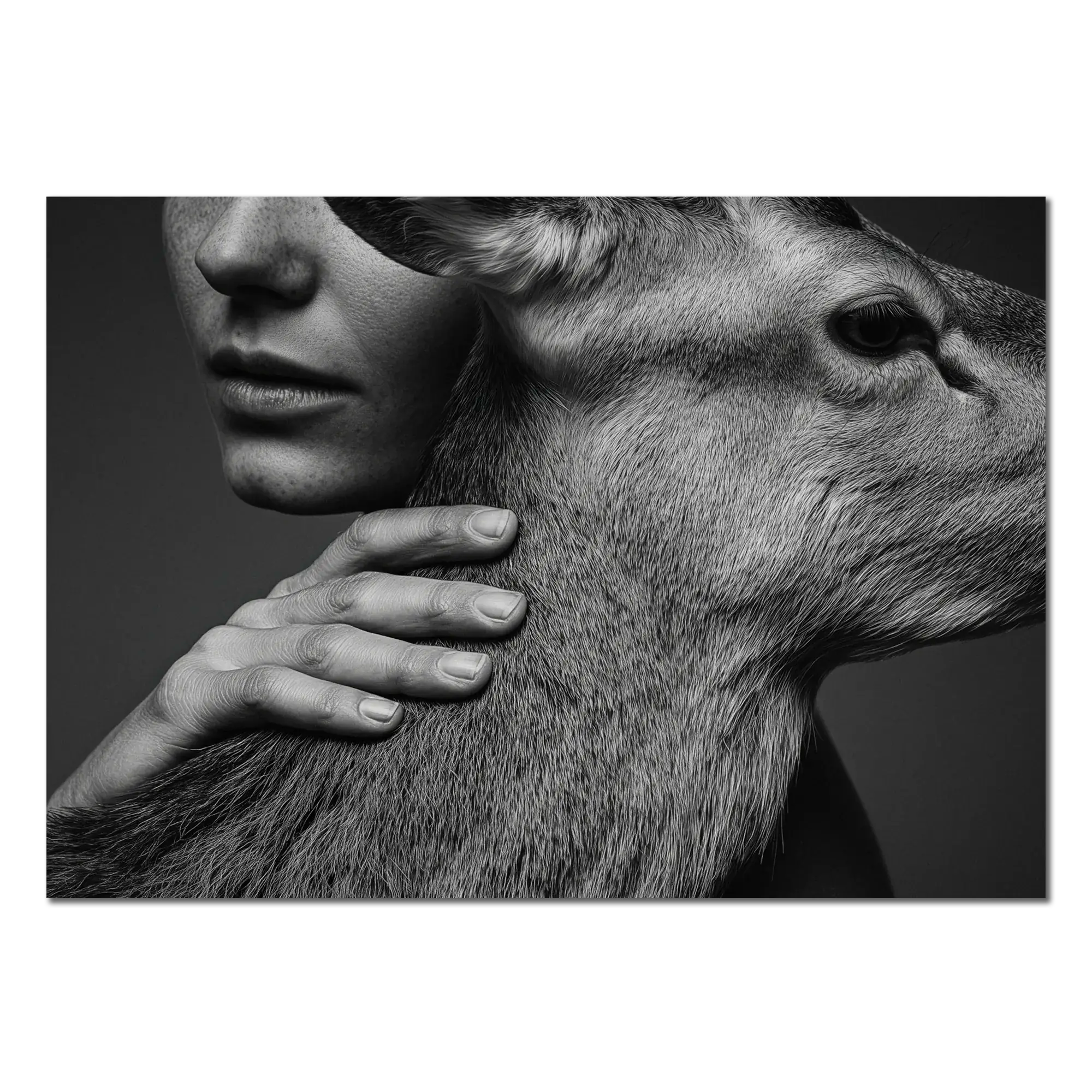 Intimacy with an Alpine Deer – Alu-Dibond wall art: a close moment between human and deer, showcasing trust and calm.