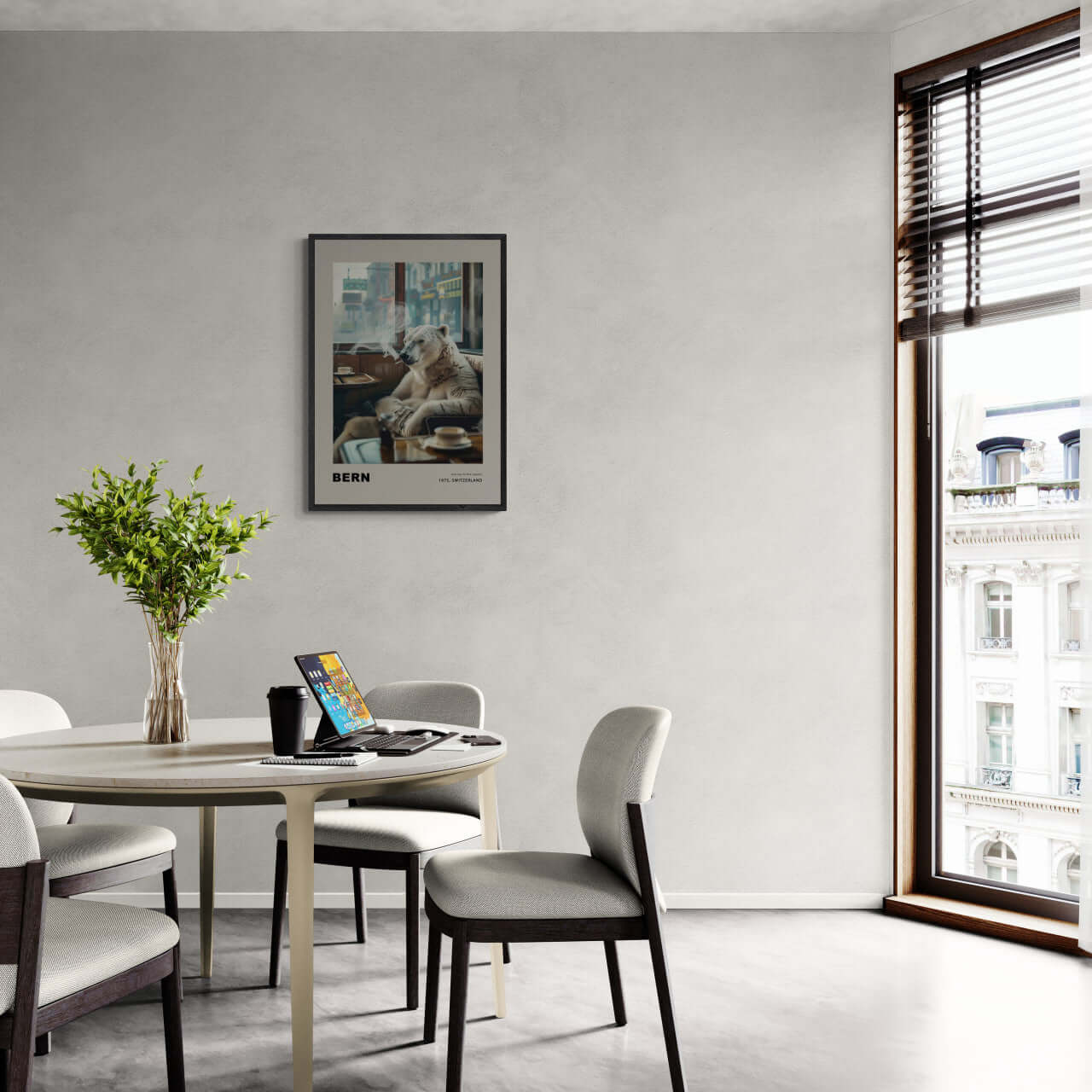 Jorney to the capital, Bern - Poster displayed in a modern dining area, showcasing wall art with a polar bear.
