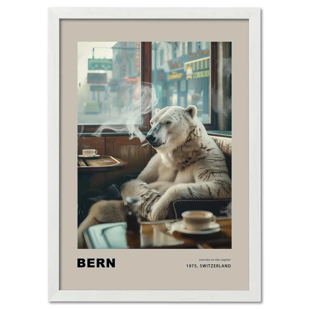 Jorney to the capital, Bern - Poster featuring a polar bear in a café with soft daylight and nostalgic atmosphere.