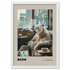 Jorney to the capital, Bern - Poster featuring a polar bear in a café with soft daylight and nostalgic atmosphere.