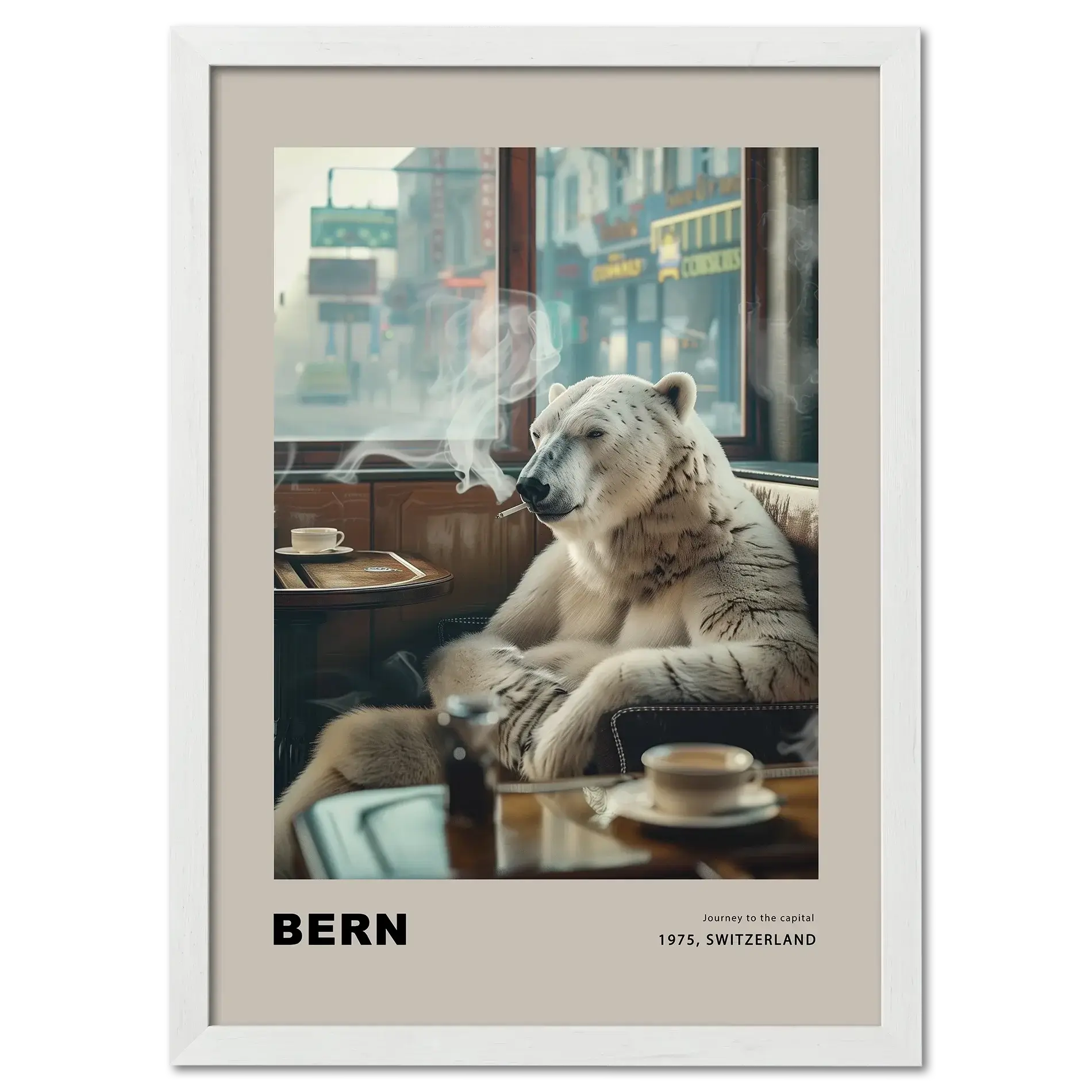 Jorney to the capital, Bern - Poster featuring a polar bear in a café with soft daylight and nostalgic atmosphere.