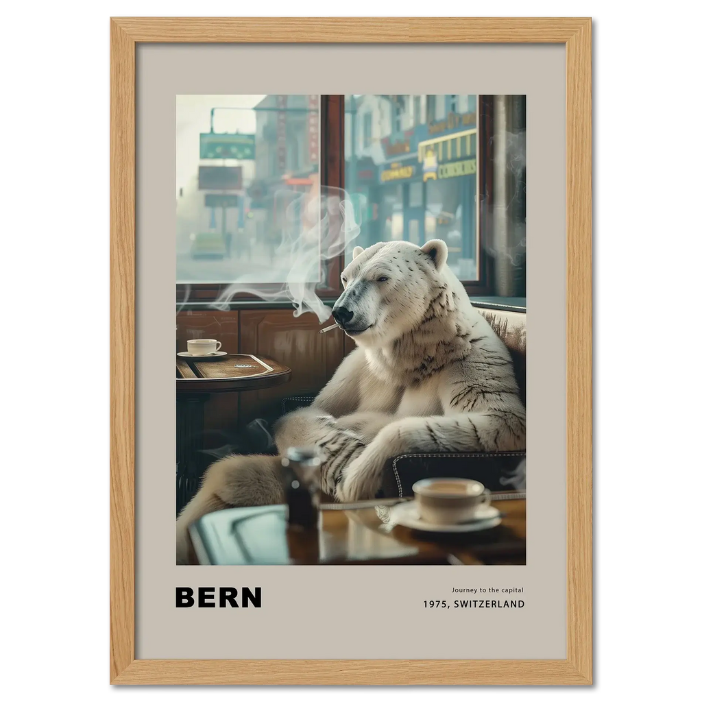Jorney to the capital, Bern - Poster featuring a polar bear in a cozy café with cinematic lighting.