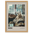 Jorney to the capital, Bern - Poster featuring a polar bear in a cozy café with cinematic lighting.