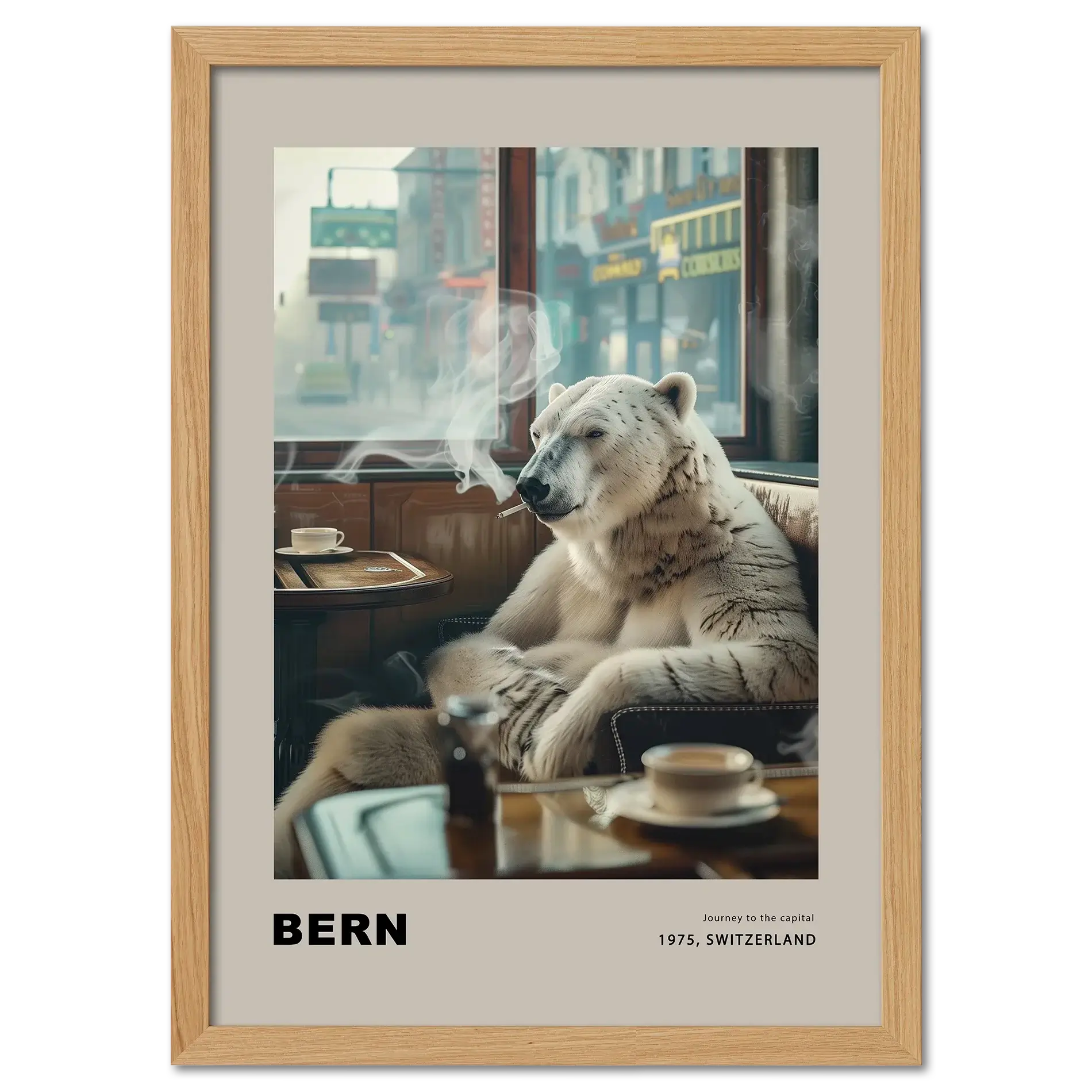 Jorney to the capital, Bern - Poster featuring a polar bear in a cozy café with cinematic lighting.