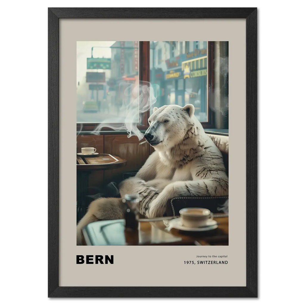Jorney to the capital, Bern - Poster featuring a polar bear in a café setting with smoke and warm tones.