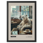 Jorney to the capital, Bern - Poster featuring a polar bear in a café setting with smoke and warm tones.