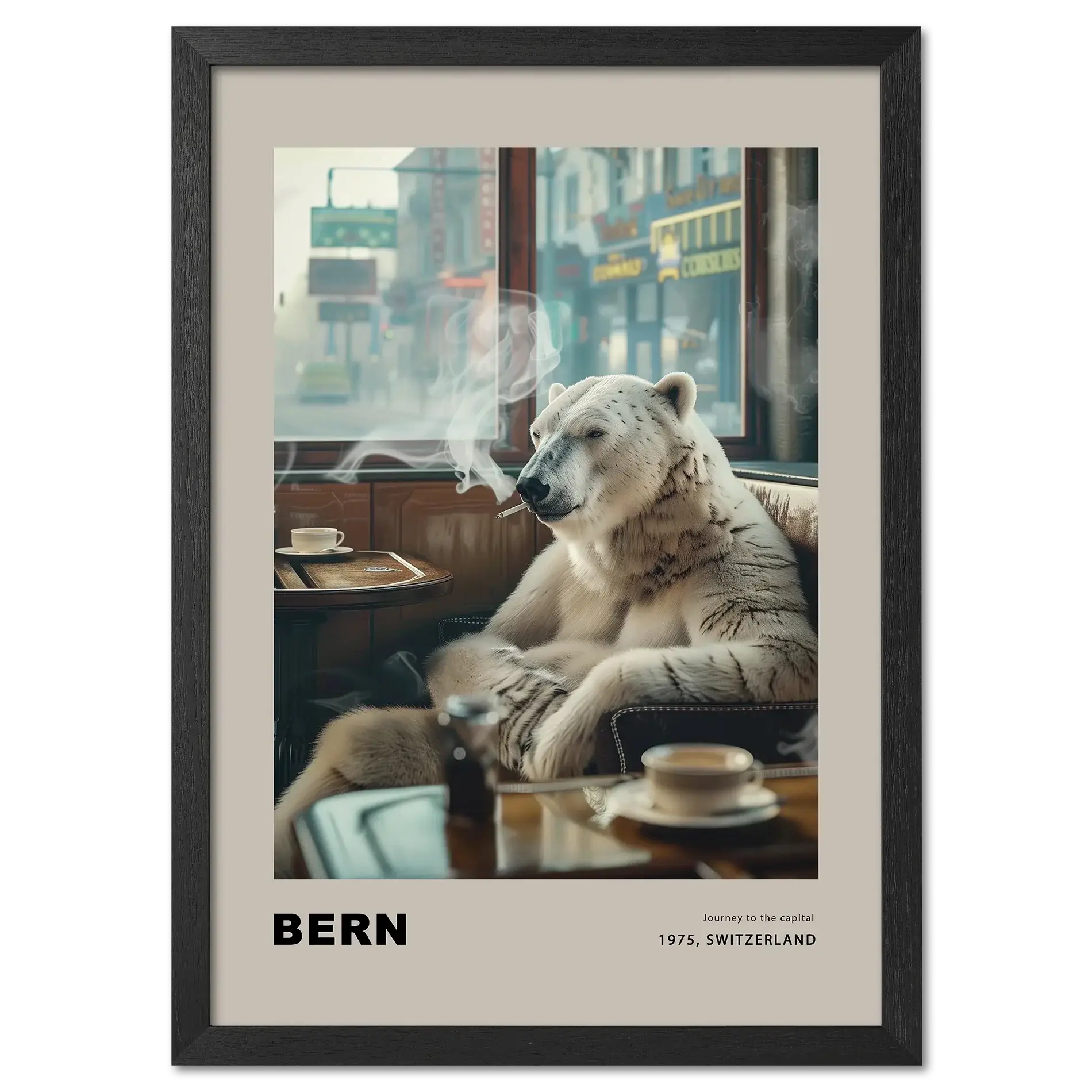Jorney to the capital, Bern - Poster featuring a polar bear in a café setting with smoke and warm tones.