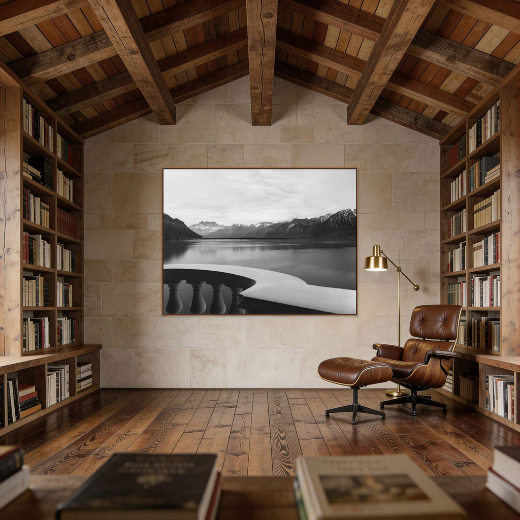 Lake Geneva Balcony, Chablais – Alu-Dibond wall art displayed in a cozy wooden library.