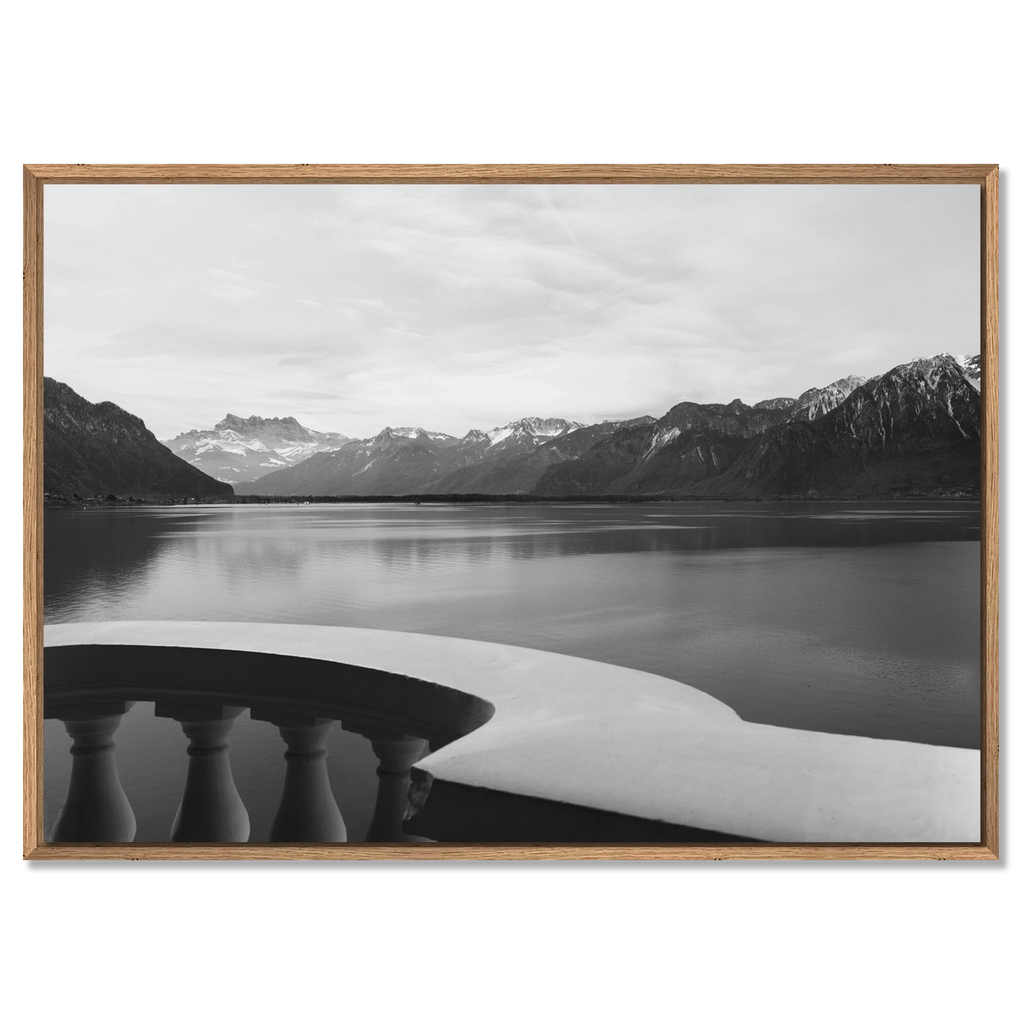 Lake Geneva Balcony, Chablais – Alu-Dibond wall art featuring a calm lake and mountains.