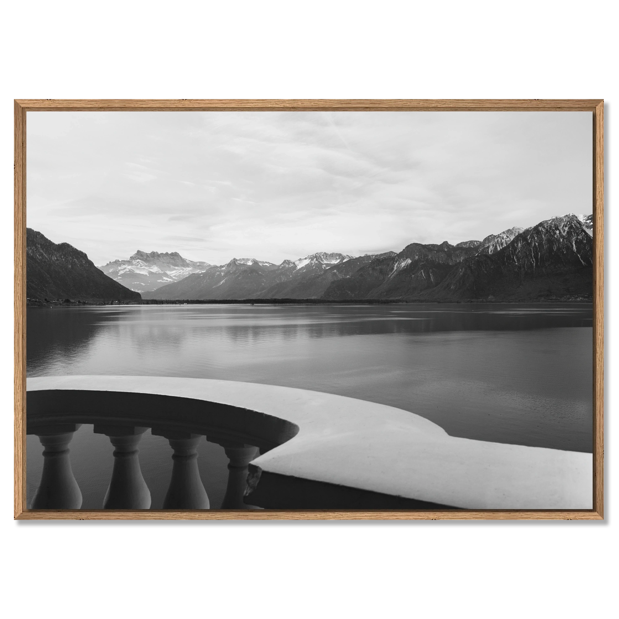 Lake Geneva Balcony, Chablais – Alu-Dibond wall art featuring a calm lake and mountains.