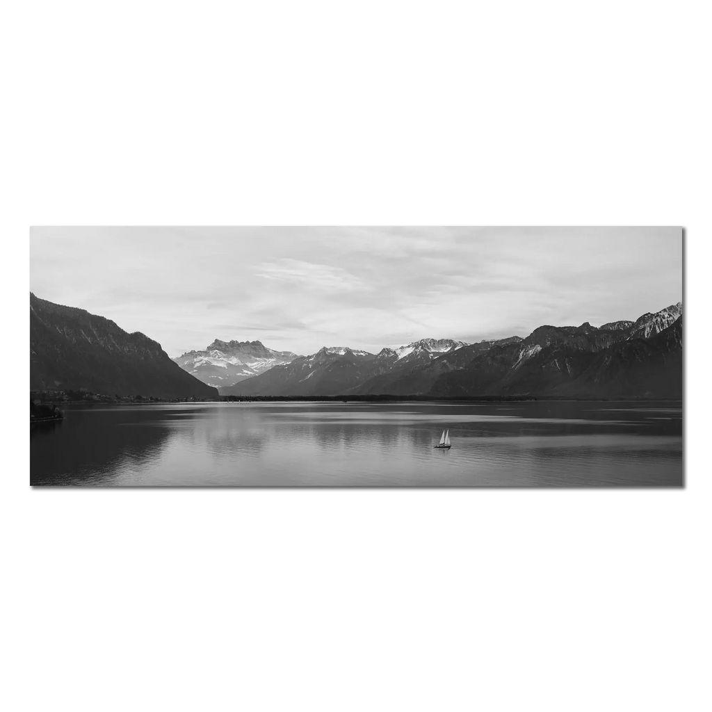 Lake Geneva, Chablais – Alu-Dibond wall art featuring a sailboat on calm waters and mountain backdrop.
