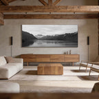Lake Geneva, Chablais – Alu-Dibond wall art displayed in a modern living room with wooden furniture.