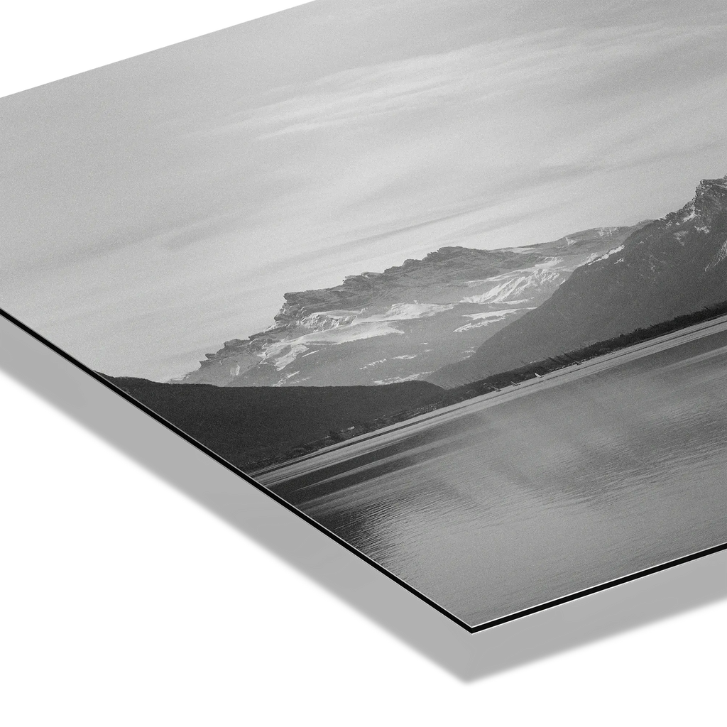 Lake Geneva, Chablais – Alu-Dibond wall art showcasing calm waters and a distant ridgeline.