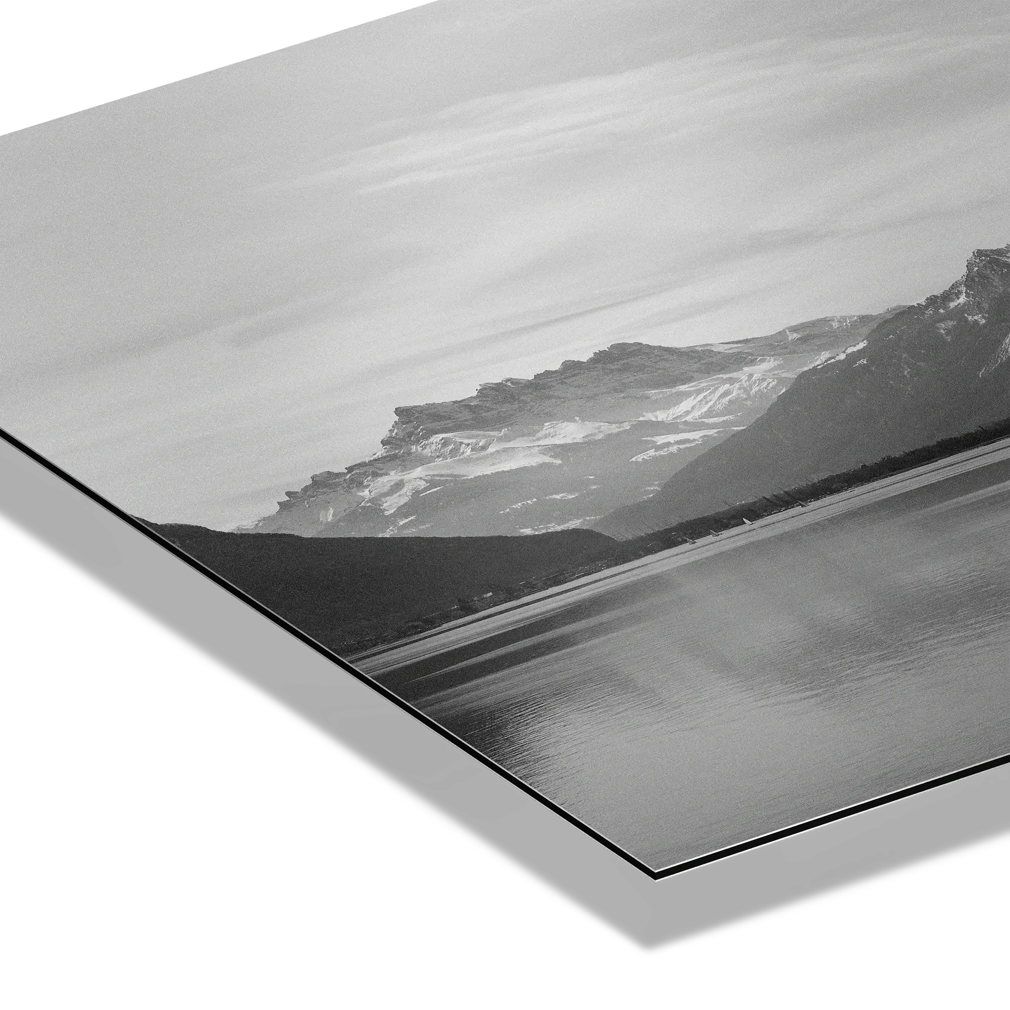 Lake Geneva, Chablais – Alu-Dibond wall art showcasing calm waters and a distant ridgeline.