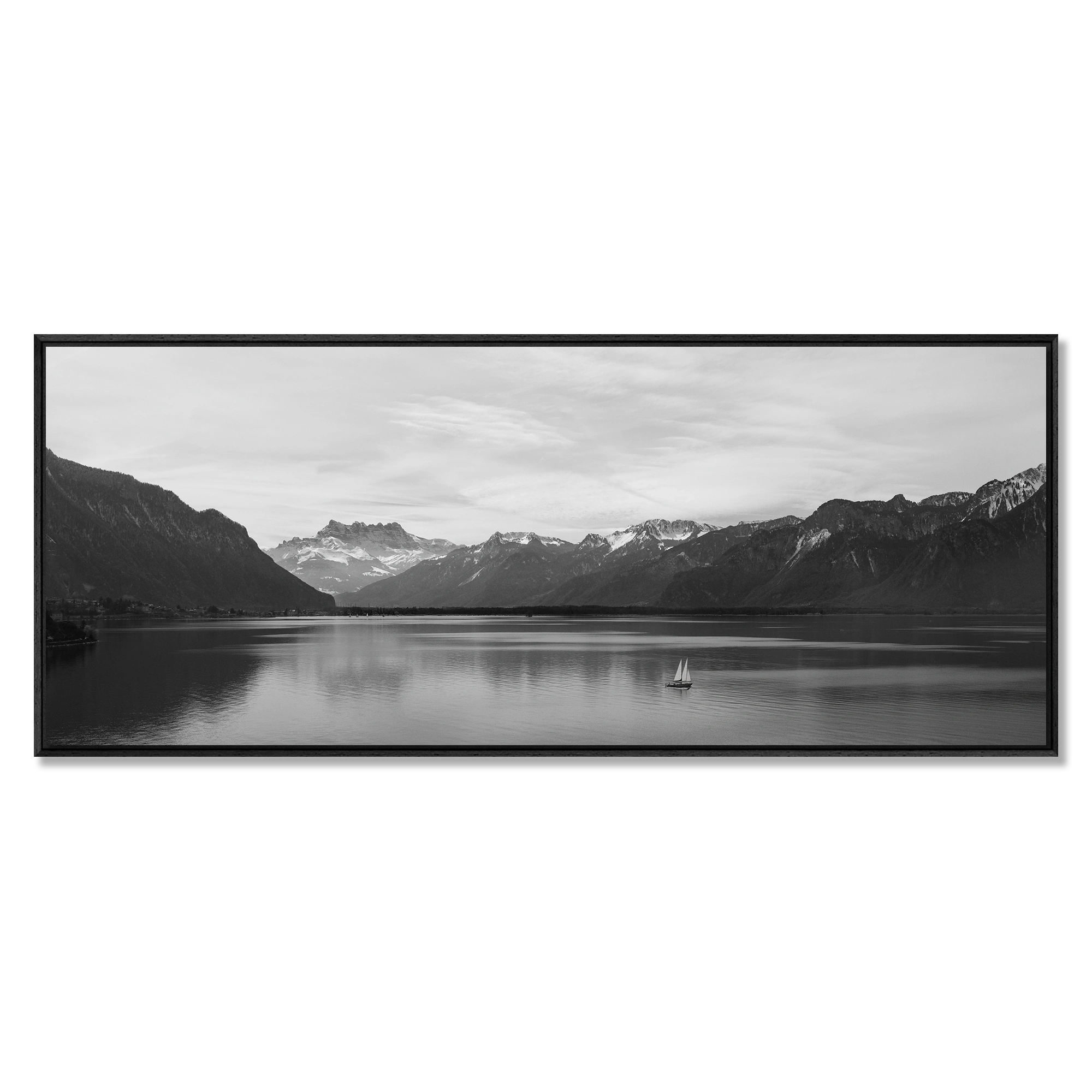 Lake Geneva, Chablais – Alu-Dibond wall art featuring calm waters and a sailboat against the mountains.