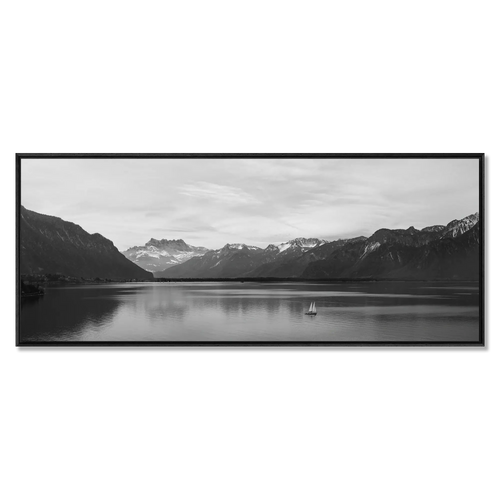 Lake Geneva, Chablais – Alu-Dibond wall art featuring calm waters and a sailboat against the mountains.