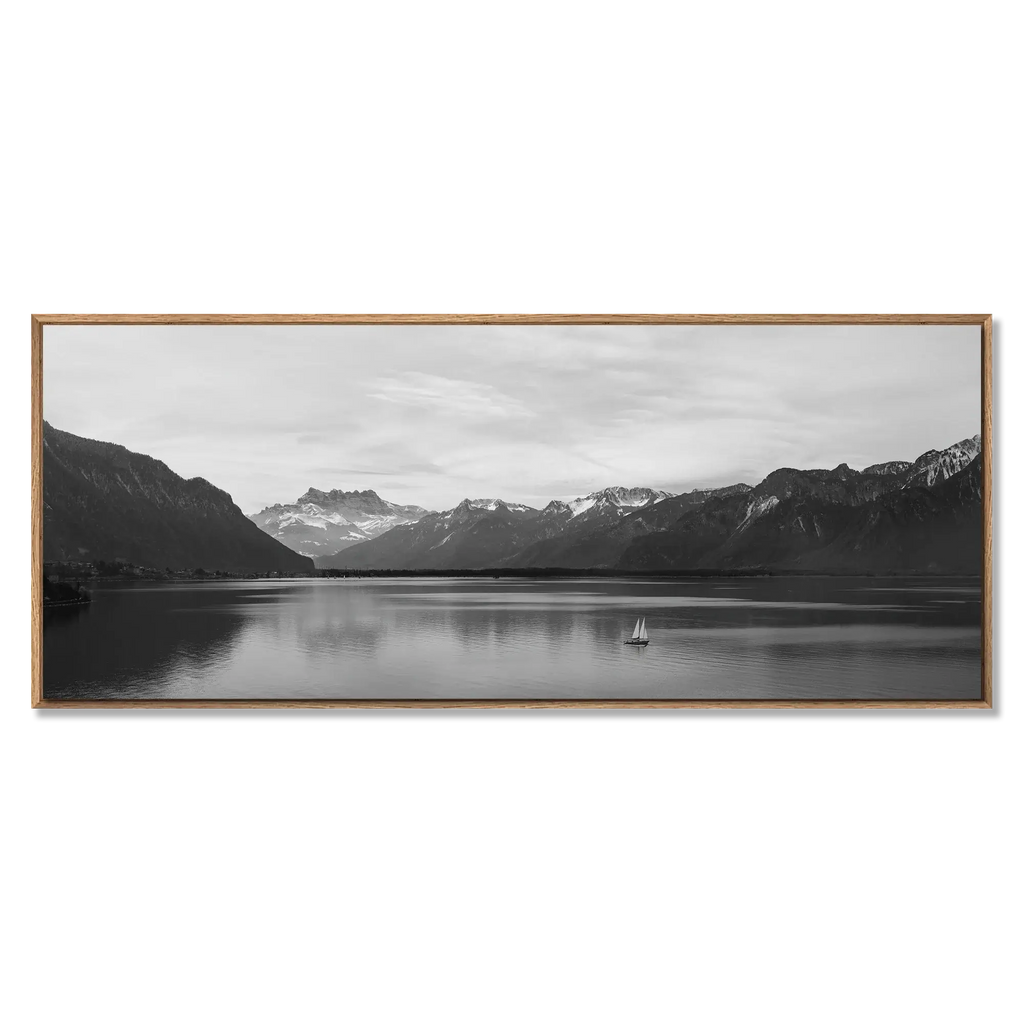 Lake Geneva, Chablais – Alu-Dibond wall art featuring a serene lake scene with a sailboat and mountains.