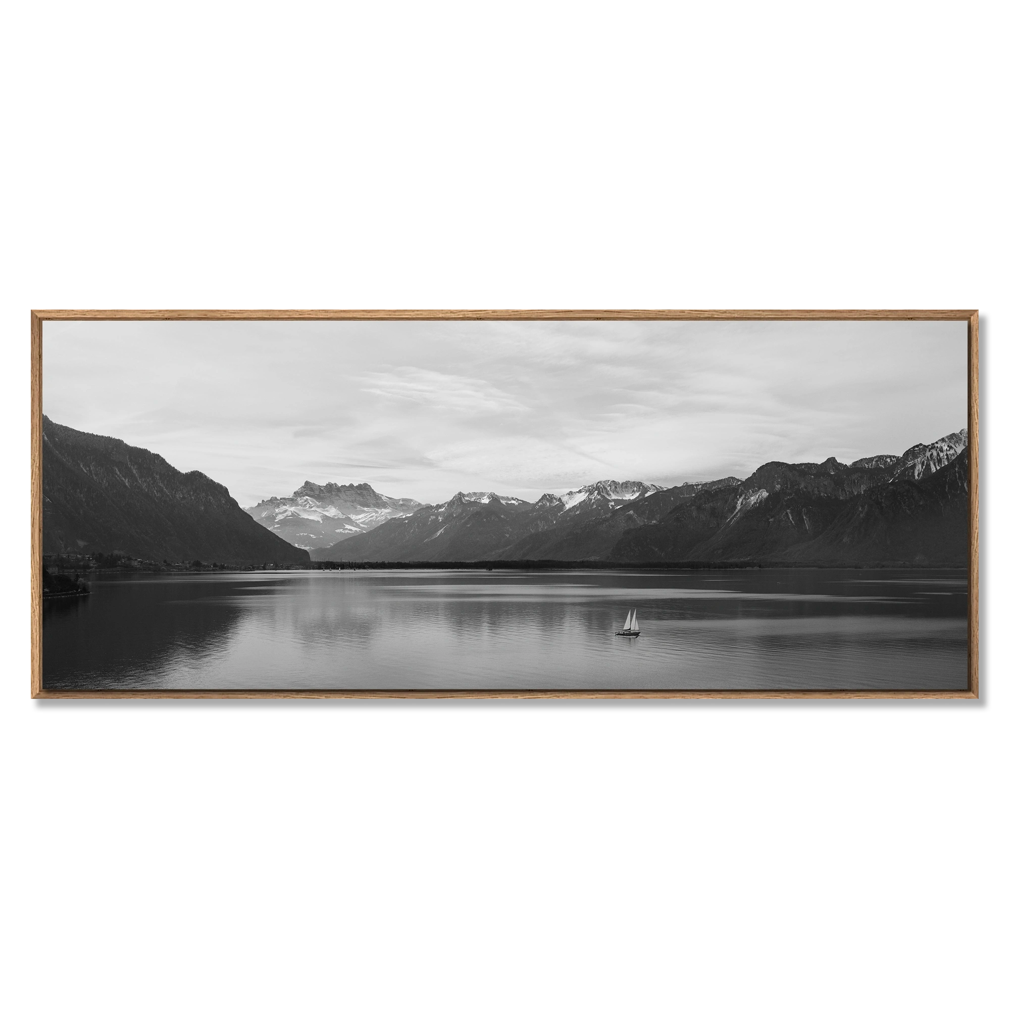 Lake Geneva, Chablais – Alu-Dibond wall art featuring a serene lake scene with a sailboat and mountains.
