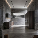 Lake Geneva, Chablais – Alu-Dibond wall art displayed in a modern kitchen with stone walls.