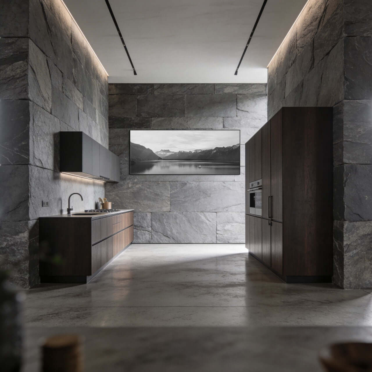Lake Geneva, Chablais – Alu-Dibond wall art displayed in a modern kitchen with stone walls.