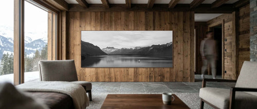 Large Alpine Wall Art XXL featuring Lake Geneva, Chablais landscape in a cozy cabin setting.