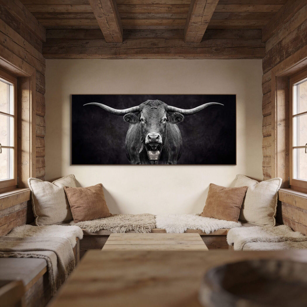 Artwork titled 'Presence of a Cow' featuring a Swiss cow in a cozy alpine interior.