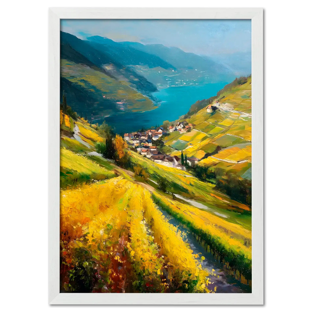 Lavaux Descent - Poster showcasing a sunlit vineyard landscape descending to a blue lake.