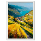 Lavaux Descent - Poster showcasing a sunlit vineyard landscape descending to a blue lake.