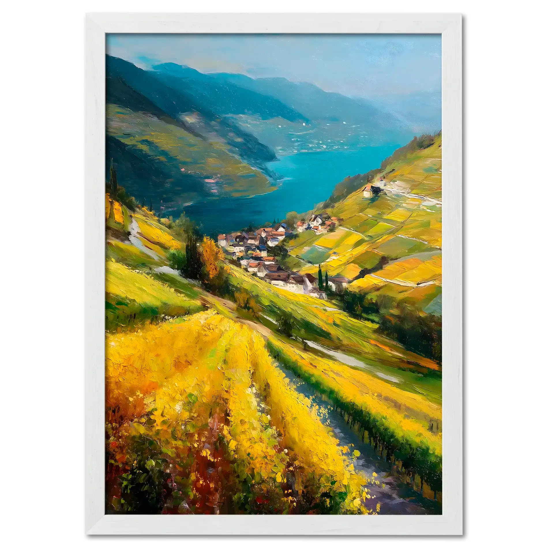 Lavaux Descent - Poster showcasing a sunlit vineyard landscape descending to a blue lake.