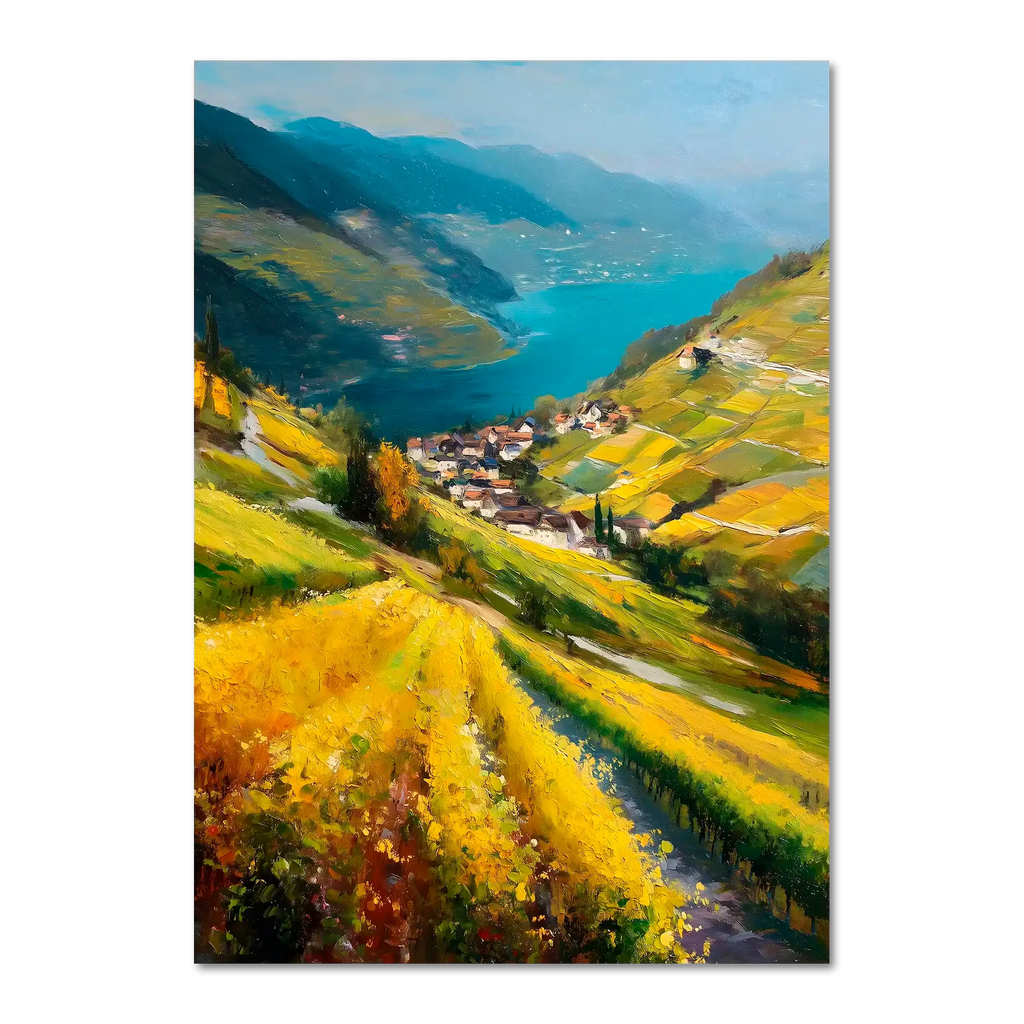 Lavaux Descent - Poster depicting sunlit vineyards and a serene blue lake with rolling hills and village houses.