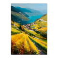 Lavaux Descent - Poster depicting sunlit vineyards and a serene blue lake with rolling hills and village houses.