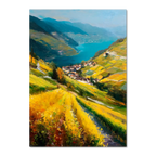 Lavaux Descent - Poster depicting sunlit vineyards and a serene blue lake with rolling hills and village houses.