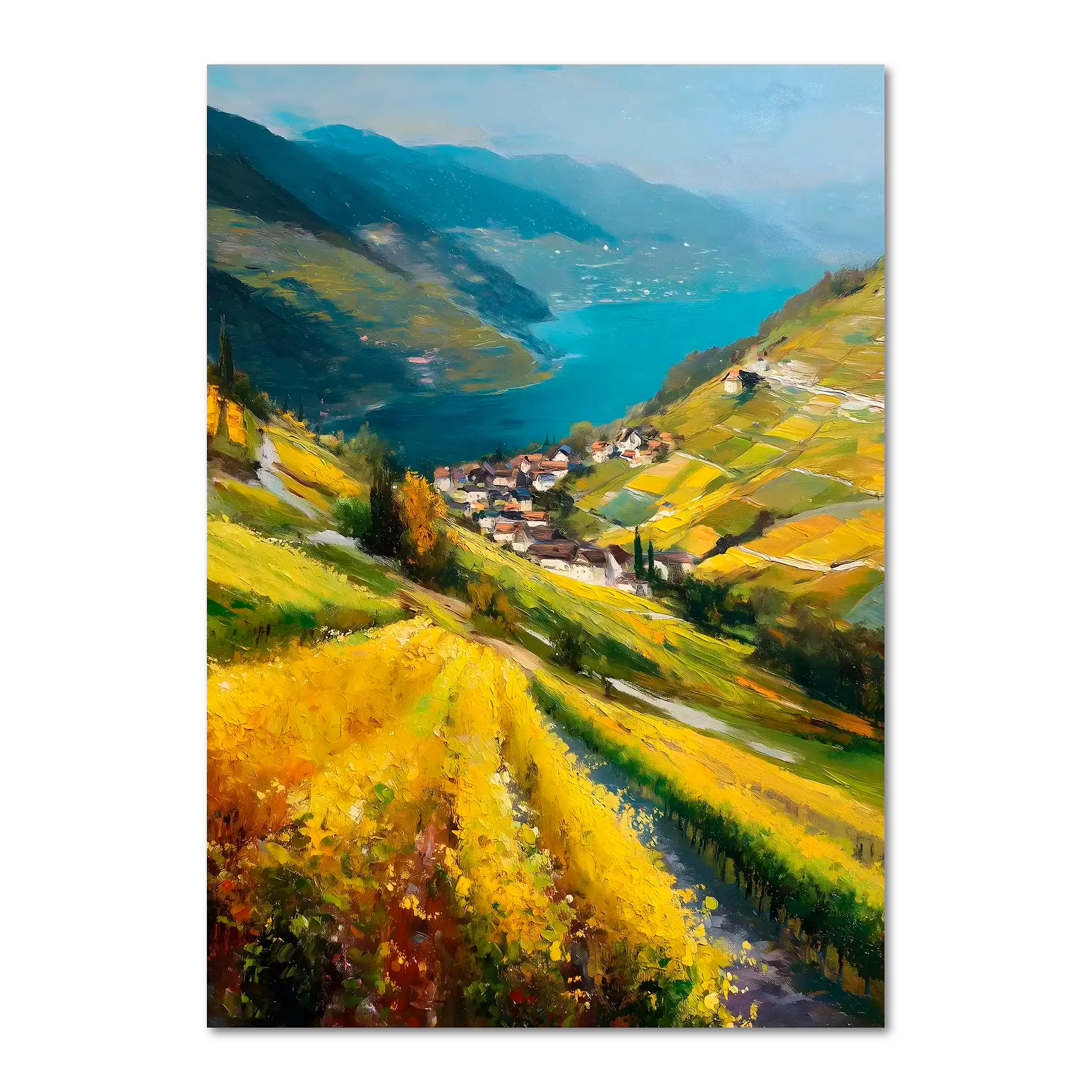 Lavaux Descent - Poster depicting sunlit vineyards and a serene blue lake with rolling hills and village houses.
