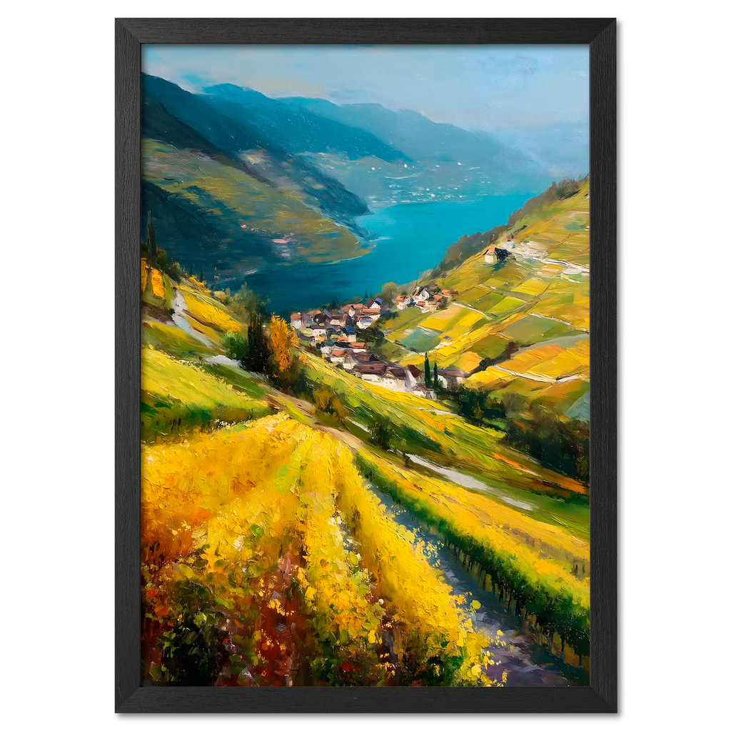 Lavaux Descent - Poster featuring golden vineyards and a serene blue lake landscape in vibrant colors.