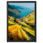 Lavaux Descent - Poster featuring golden vineyards and a serene blue lake landscape in vibrant colors.