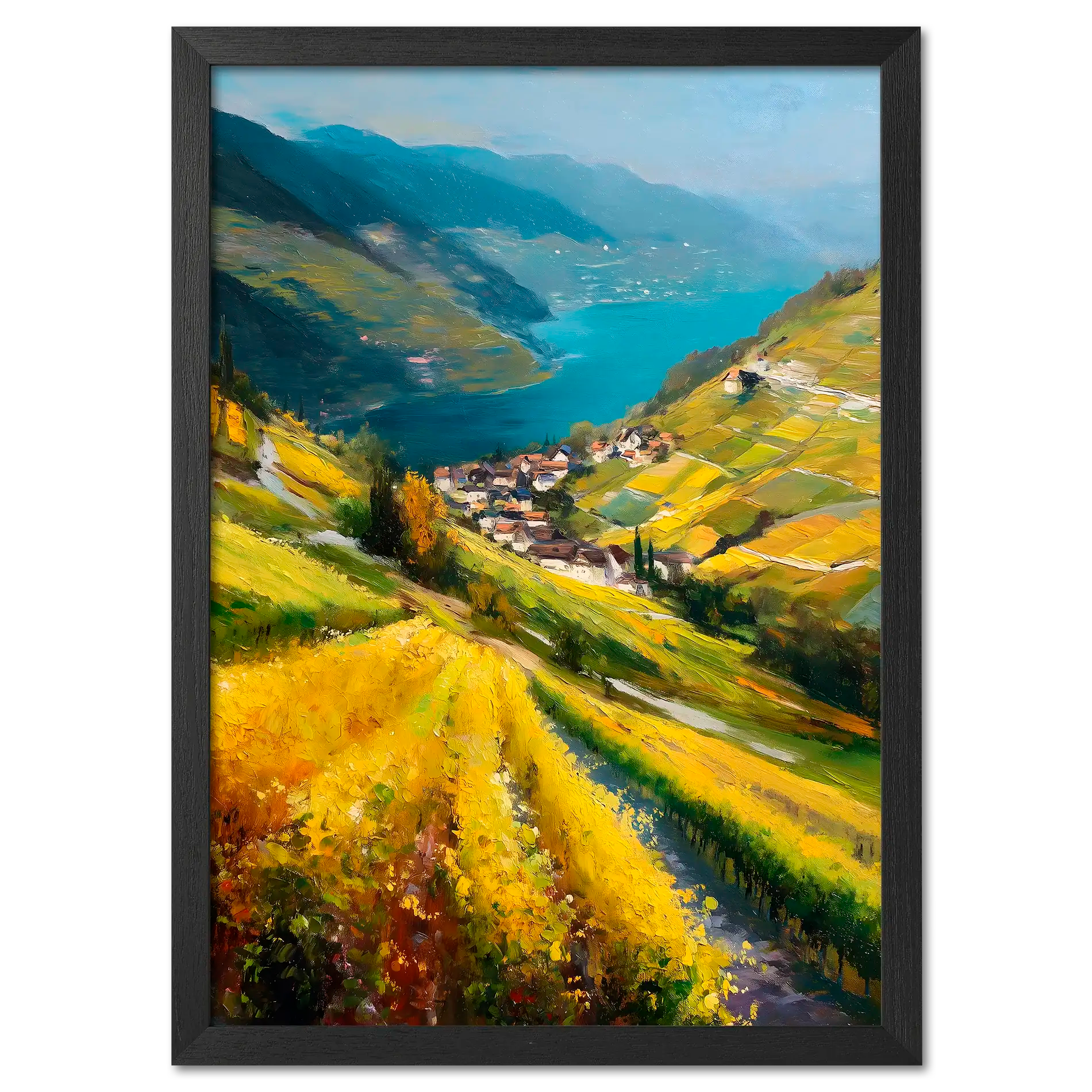 Lavaux Descent - Poster featuring golden vineyards and a serene blue lake landscape in vibrant colors.