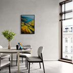 Lavaux Descent - Poster displayed in a modern dining area, featuring vibrant sunlit vineyards and a serene lake.