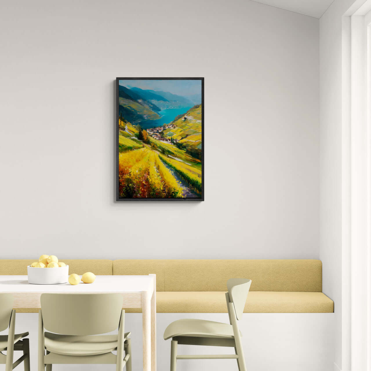 Lavaux Descent - Poster featuring a sunlit vineyard landscape in a modern interior setting.