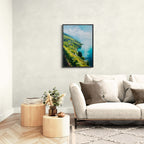 Lavaux Shoreline - Poster displayed in a modern living room, showcasing serene vineyards and a tranquil lake.