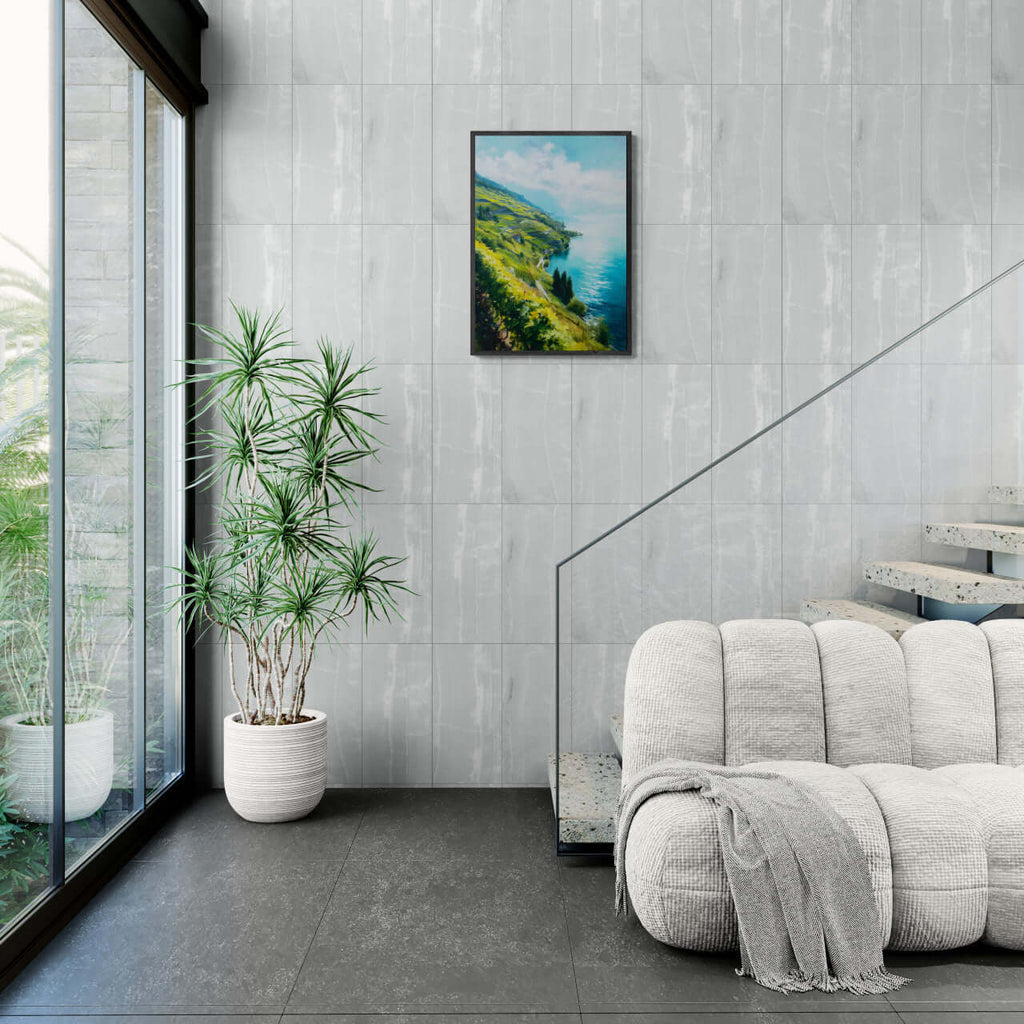 Lavaux Shoreline - Poster displayed in a modern interior with a cozy couch and a potted plant.